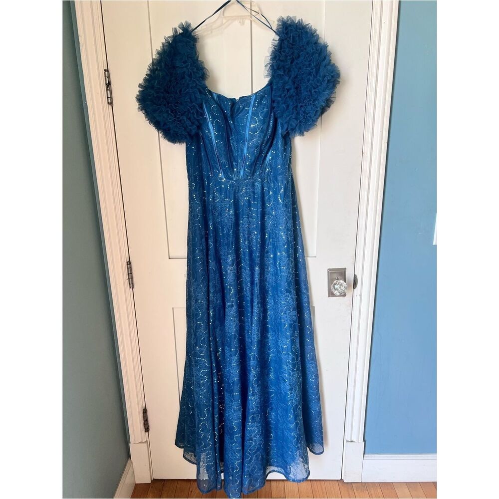XUIBOL Teal Tulle Gown Bridgerton Regency Puff Sleeve Sequin Lace Maxi Dress XL